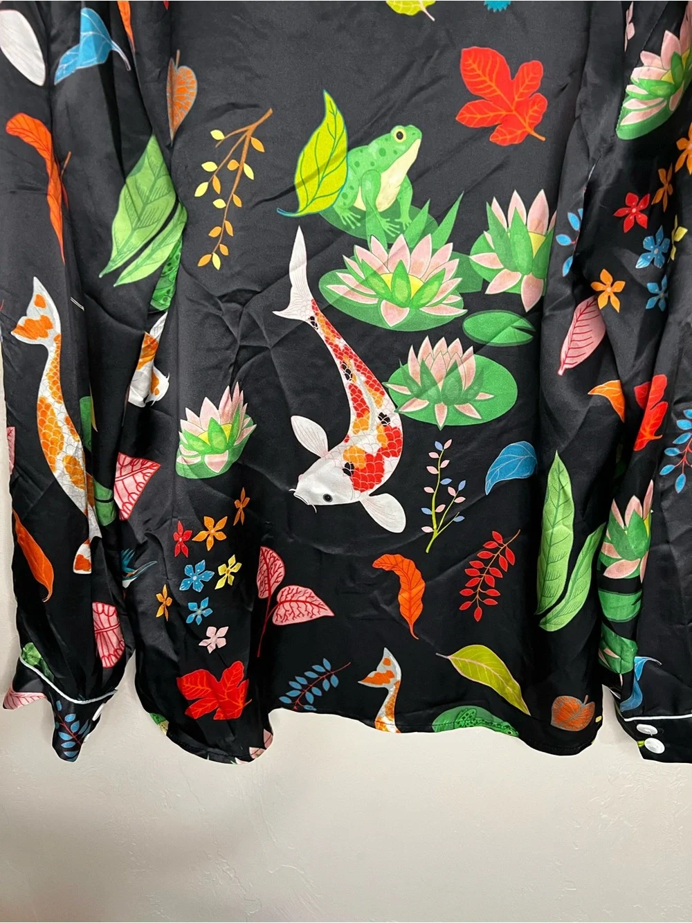 Karen Mabon 100% Silk Black Botanical Koi Fish Bird Luxury 2 Piece Pajama Set